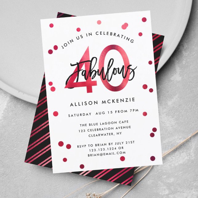 Invitation Fabuleux 40 | Moderne Elégant Rouge Brossé Anniver (Créateur téléchargé)