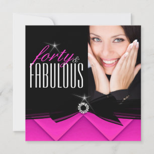 Invitation Fabuleux 40 Photo Hot rose Black fête d'anniversai