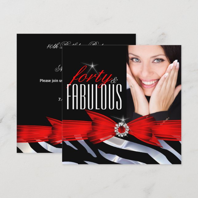 Invitation Fabuleux 40 Photo Rouge Zèbre Noir Blanc Anniversa (Devant / Derrière)