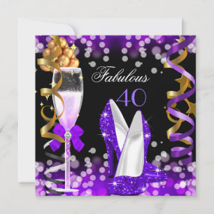 Invitation Fabuleux 40 Purple Black Gold Bubbles Party