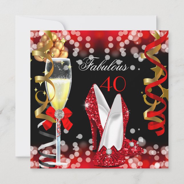 Invitation Fabuleux 40 Red Black Gold Bubbles Party (Devant)