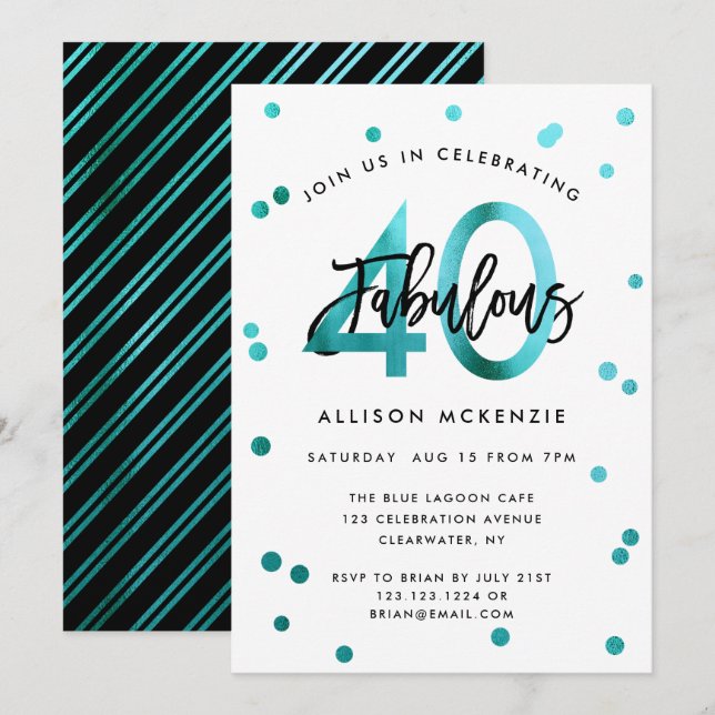 Invitation Fabuleux 40 | Script moderne Fille Turquoise Anniv (Devant / Derrière)