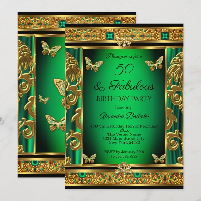 Invitation Fabuleux 50 Anniversaire Emerald Green Butterfly G (Devant / Derrière)