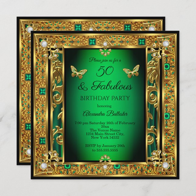 Invitation Fabuleux 50 Anniversaire Emerald Green Butterfly G (Devant / Derrière)