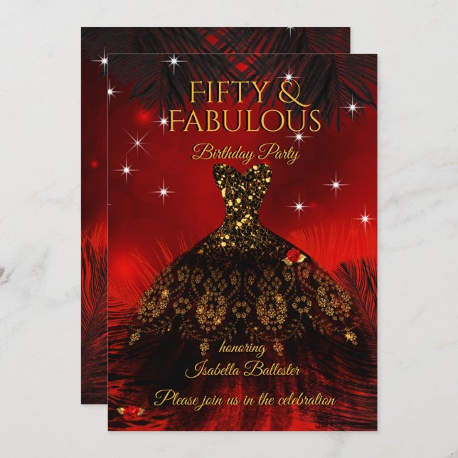 Invitation Fabuleux 50 Anniversaire Robe Rouge Black Gold (Devant / Derrière)