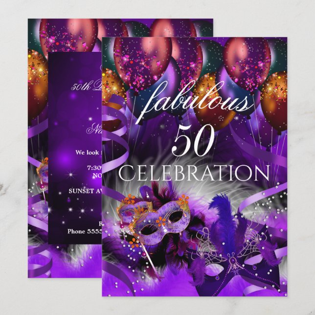 Invitation Fabuleux 50 Ballons violets Masquerade Party (Devant / Derrière)