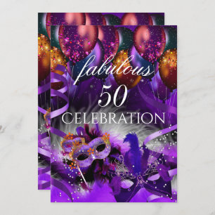 Invitation Fabuleux 50 Ballons violets Masquerade Party