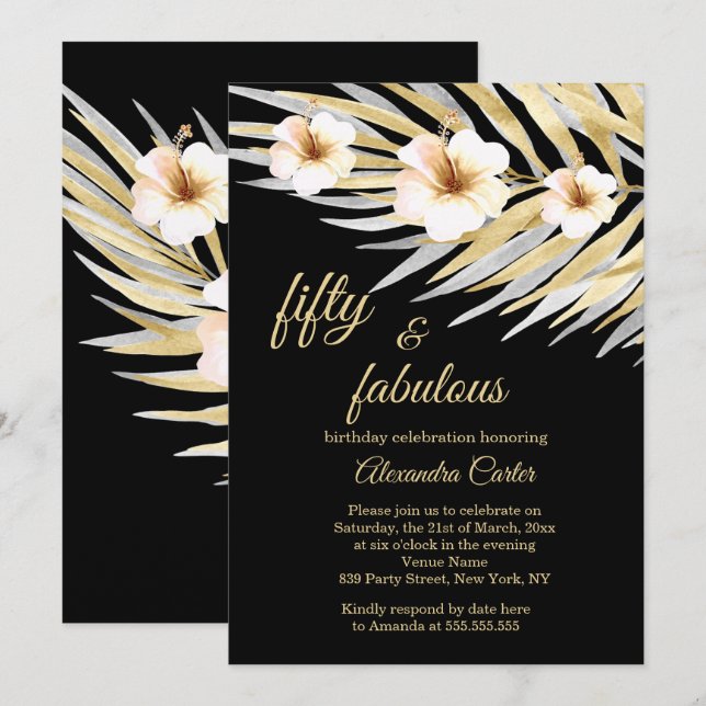 Invitation Fabuleux 50 Beige Blanc Noir Floral Anniversaire (Devant / Derrière)