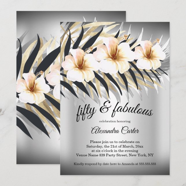 Invitation Fabuleux 50 Beige Silver Gold Hibiscus (Devant / Derrière)