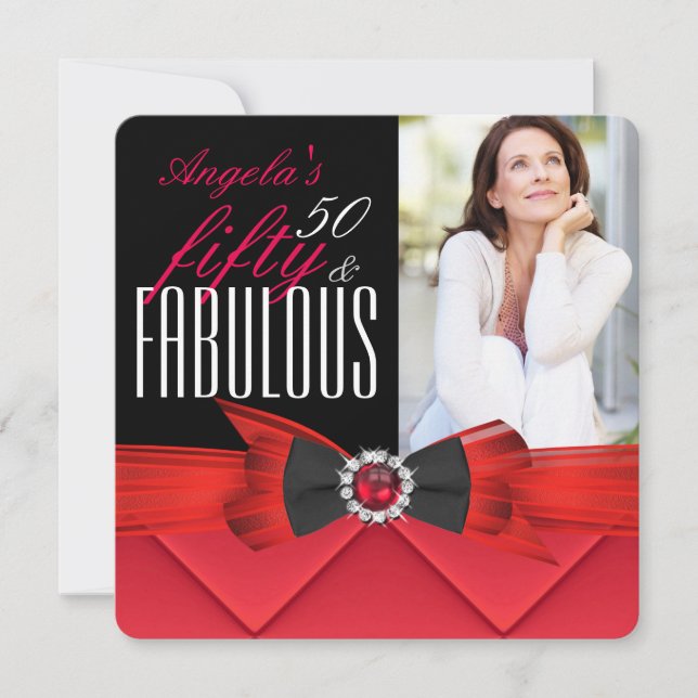 Invitation Fabuleux 50 Bijoux Rouge Photo Anniversaire (Devant)