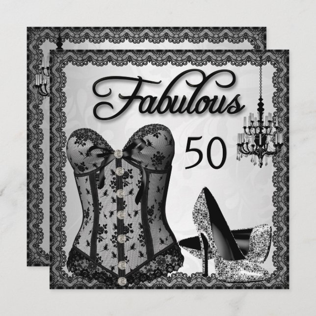 Invitation Fabuleux 50 Black Silver Corset High Heels Party (Devant / Derrière)