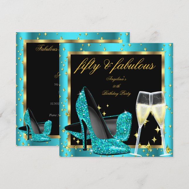 Invitation Fabuleux 50 Champagne Bleu Turquoise talons Annive (Devant / Derrière)