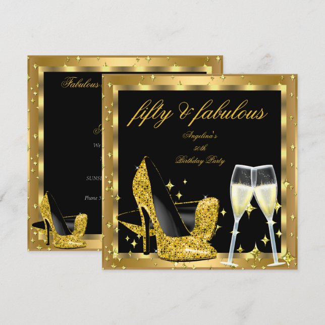 Invitation Fabuleux 50 Champagne d'or talons hauts Anniversai (Devant / Derrière)