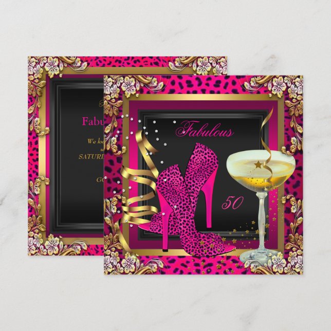 Invitation Fabuleux 50 Cherry Pink Leopard Anniversaire (Devant / Derrière)