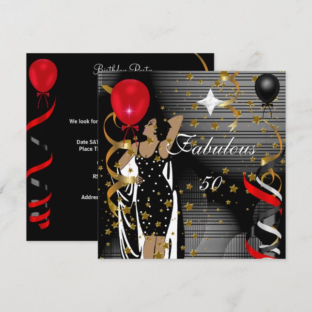 Invitation Fabuleux 50 Cinquante Anniversaire Fête Black Red  (Devant / Derrière)