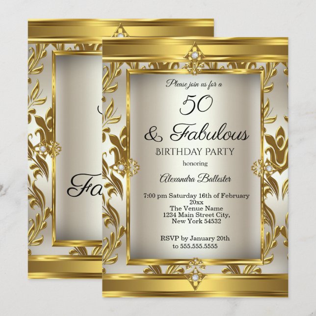 Invitation Fabuleux 50 Crème Or Damas fête d'anniversaire (Devant / Derrière)