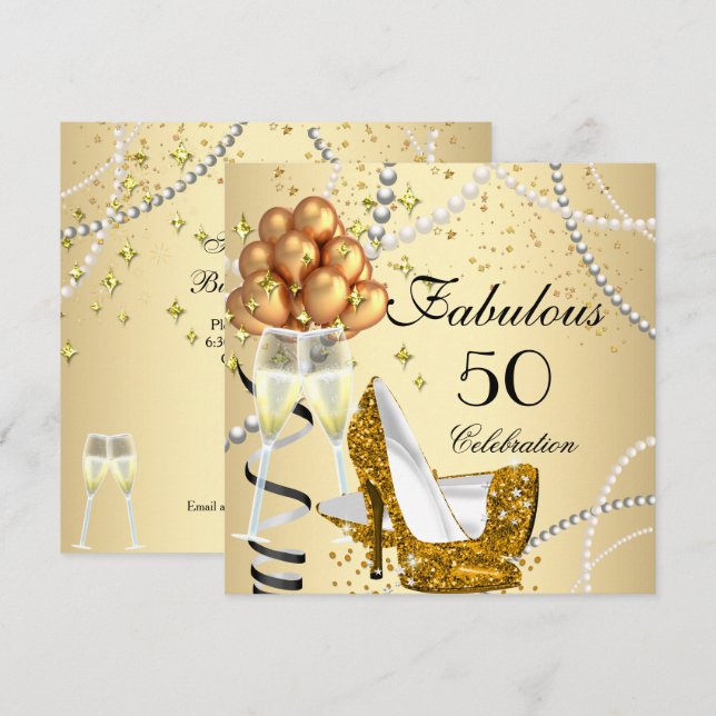 Invitation Fabuleux 50 Crème talons d'or Champagne Anniversai (Devant / Derrière)