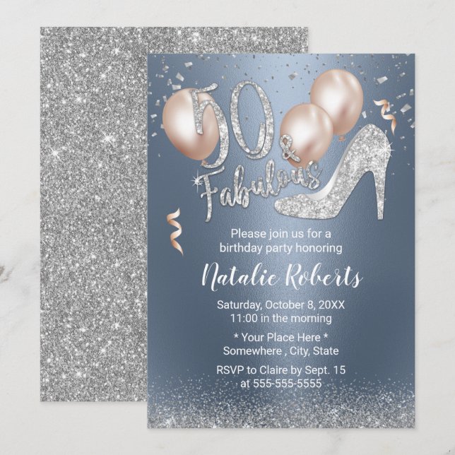 Invitation Fabuleux 50 Dusty Blue & Silver Girl 50e anniversa (Devant / Derrière)