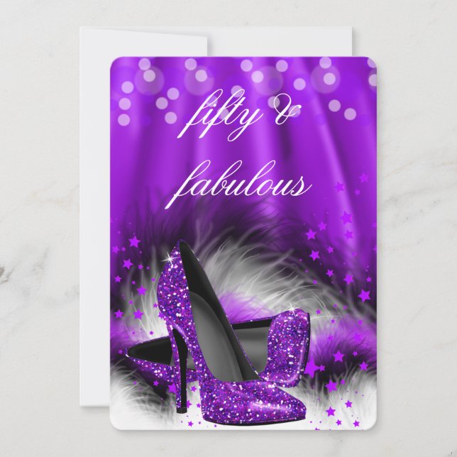 Invitation Fabuleux 50 étoiles violettes talons hauts Anniver (Devant)
