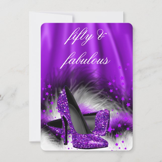 Invitation Fabuleux 50 étoiles violettes talons hauts Anniver (Devant)