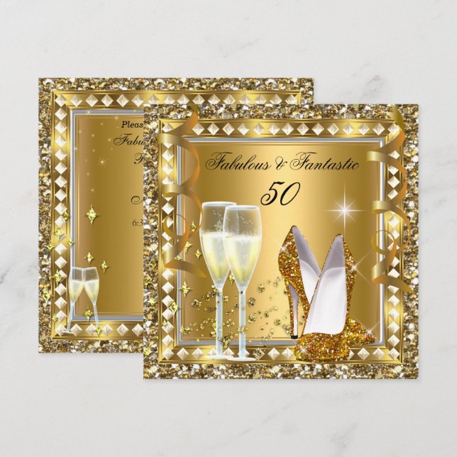 Invitation Fabuleux 50 & Fantastic Gold Glam Silver Anniversa (Devant / Derrière)