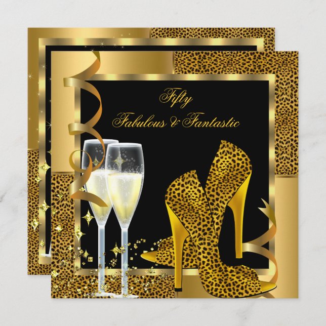 Invitation Fabuleux 50 & Fantastic Leopard Black Gold Party (Devant / Derrière)