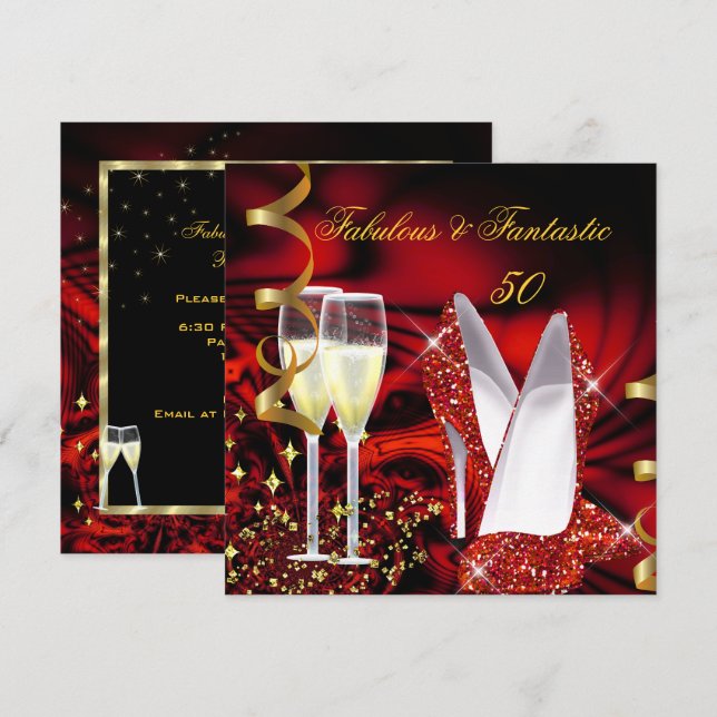 Invitation Fabuleux 50 Fantastique Abstrait Red Gold Annivers (Devant / Derrière)