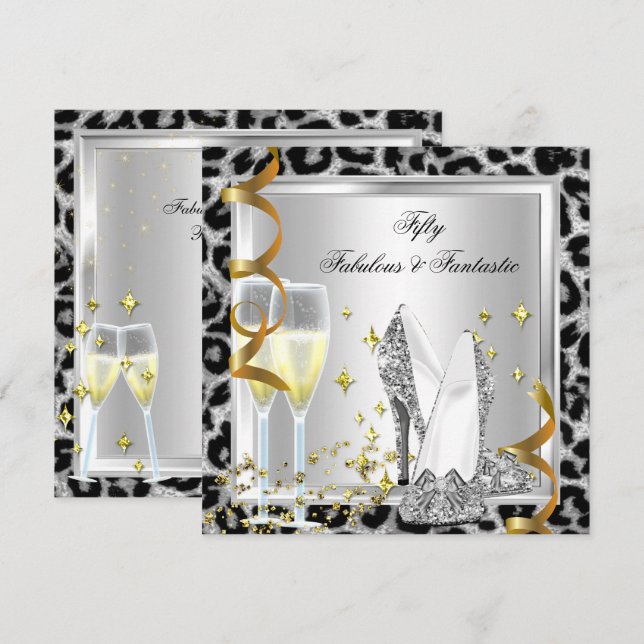 Invitation Fabuleux 50 & Fantastique léopard d'argent Anniver (Devant / Derrière)