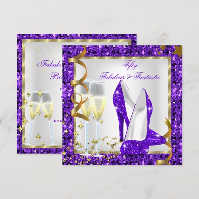 Invitation Fabuleux 50 Fantastique Purple Blanc Or Anniversai (Devant / Derrière)