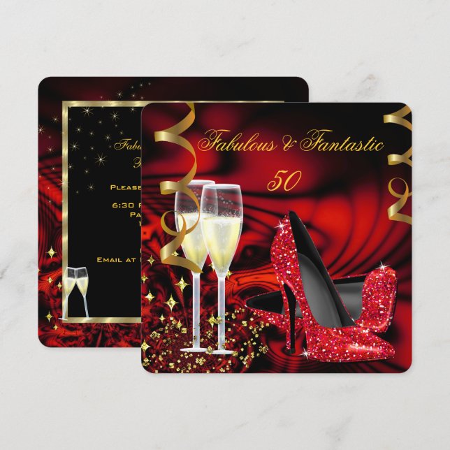 Invitation Fabuleux 50 Fantastique Red Gold Abstrait Annivers (Devant / Derrière)