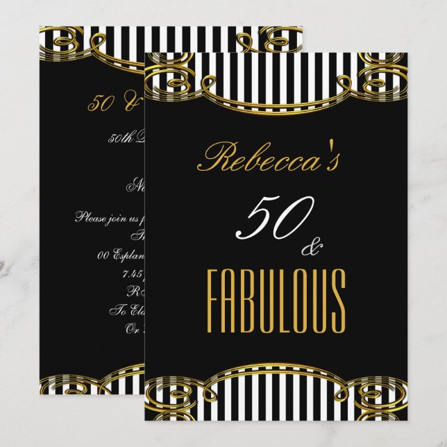 Invitation Fabuleux 50 Gold Black White Stripe fête d'anniver (Devant / Derrière)