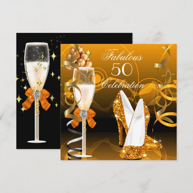 Invitation Fabuleux 50 Gold Orange fête d'anniversaire (Devant / Derrière)