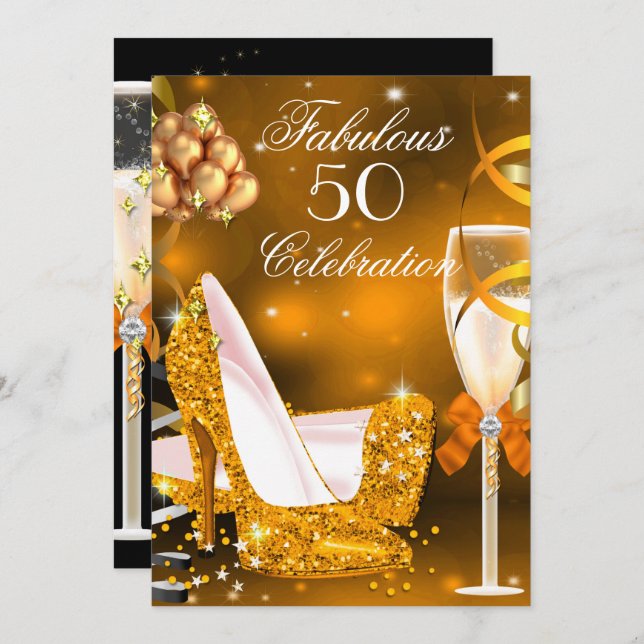 Invitation Fabuleux 50 Gold Orange High Heels Party 3 (Devant / Derrière)