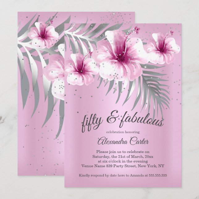 Invitation Fabuleux 50 Jolie fête d'Hibiscus d'argent rose (Devant / Derrière)