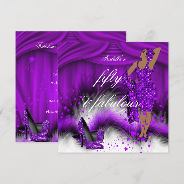 Invitation Fabuleux 50 Lady Purple High Heels fête d'annivers (Devant / Derrière)