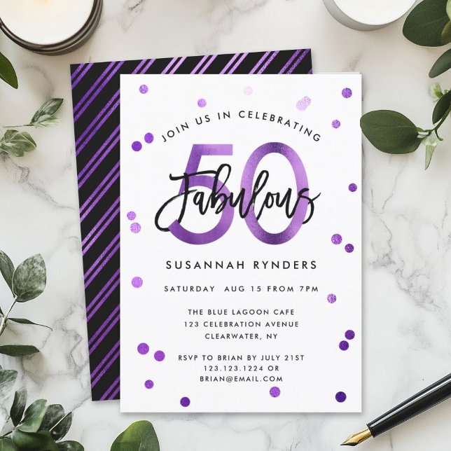 Invitation Fabuleux 50 | Moderne Elegant Purple Brush Anniver (Créateur téléchargé)