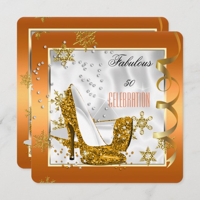 Invitation Fabuleux 50 Orange Gold White Heels fête d'anniver (Devant / Derrière)