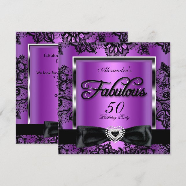 Invitation Fabuleux 50 Party Purple Damask Black Lace (Devant / Derrière)
