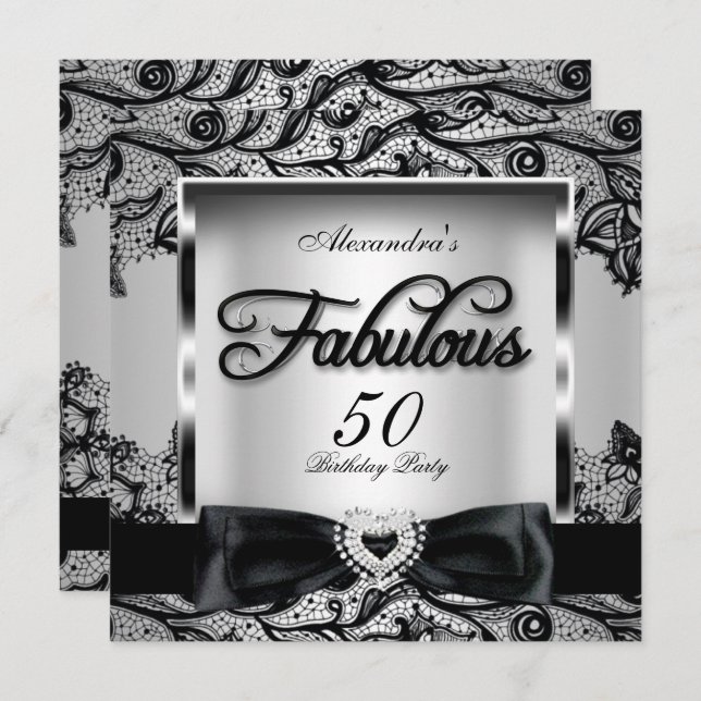 Invitation Fabuleux 50 Party Silver Grey Damask Black Lace 2 (Devant / Derrière)