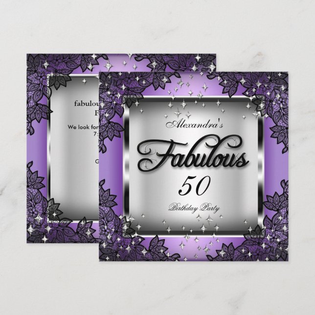 Invitation Fabuleux 50 Party Violet Argent Stars Black Lace (Devant / Derrière)