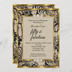 Invitation Fabuleux 50 Photo Beige Black Damask Or anniversai