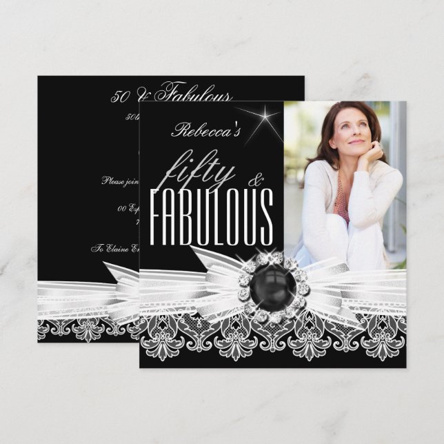 Invitation Fabuleux 50 Photo Black Pearl Blanche dentelle Ann (Devant / Derrière)