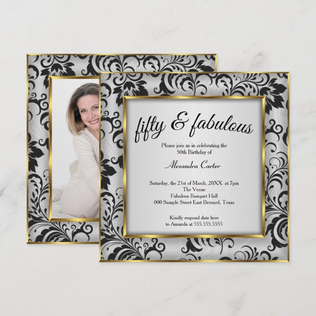 Invitation Fabuleux 50 Photo Gold gris noir Damas anniversair (Devant / Derrière)