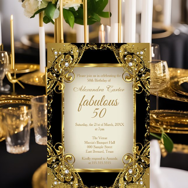Invitation Fabuleux 50 Photo noir beige Golden Pearl Party (Créateur téléchargé)