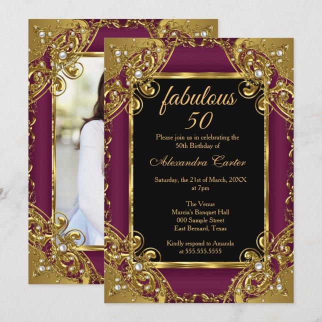 Invitation Fabuleux 50 Photo Plum Gold Pearl fête d'anniversa (Devant / Derrière)
