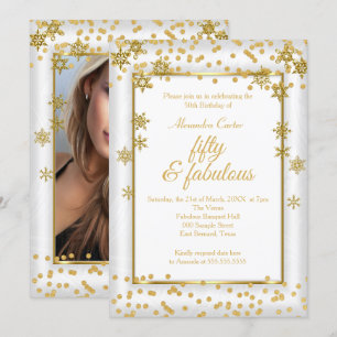 Invitation Fabuleux 50 Photo White Gold Snowflake fête