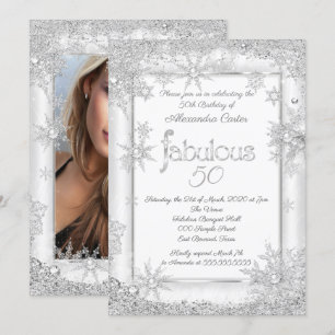 Invitation Fabuleux 50 Photo White Silver Snowflake fête