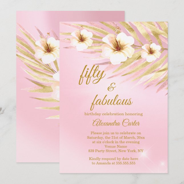 Invitation Fabuleux 50 Pink Gold Blanc Floral Anniversaire (Devant / Derrière)