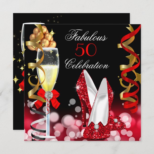 Invitation Fabuleux 50 Red Black Gold Bubbles Party (Devant / Derrière)