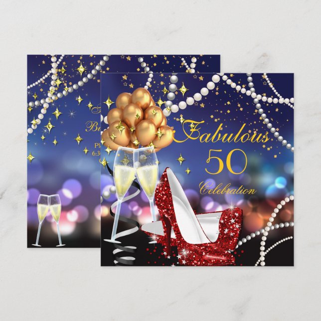Invitation Fabuleux 50 Red Heels Champagne Anniversaire (Devant / Derrière)